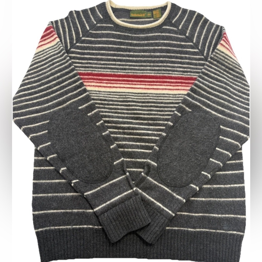 Men’s Timberland Merino Wool Cotton Blend Striped Pullover Sweater Elbow Patches